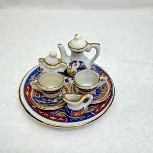 VTG‎ 10pc Mini Chinese Porcelain Tea Set Chinoiserie Floral Design Red Blue Gold